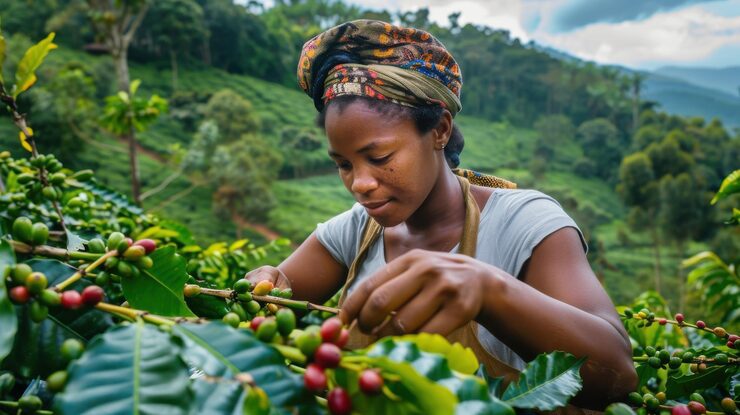mountainous coffee plantation scene with young ethnic woman carefully harvesting coffee beans 1291600 10335